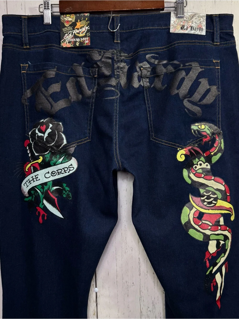 Ed Hardy Denim Jeans 38 Snake Rose Embroidered Straight Y2K Tattoo Grunge NWT